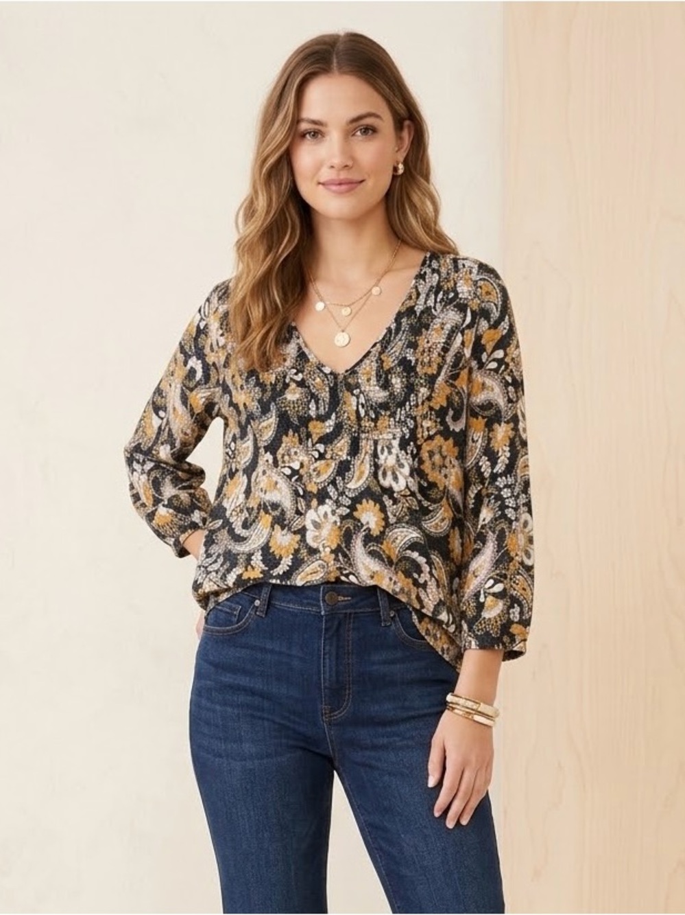 Daniel Rain Boho Blouse DR2 Paisley Floral Top V Neck Smock 3/4 Sleeve Size XL